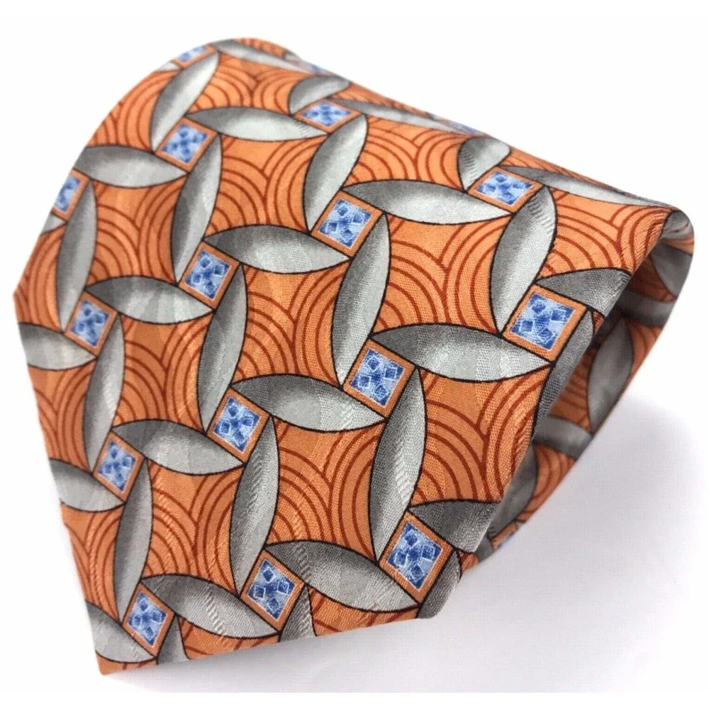 Jos A Bank Tie 100% Silk Geometric Orange Blue Gray Business Men's Necktie 58